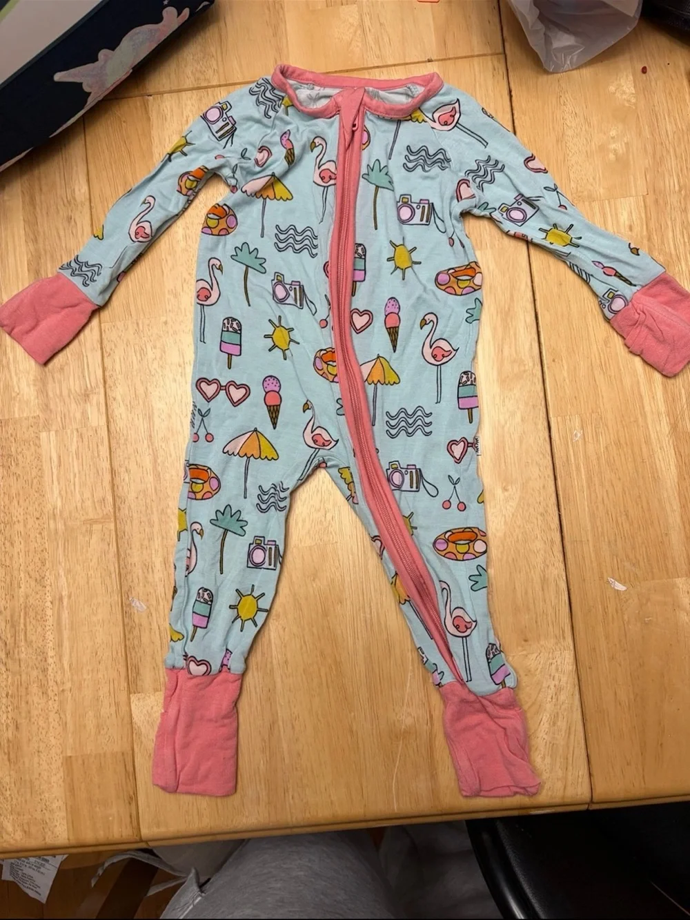 Little Sleepies Light Blue One-Piece Footie with Pink Trim and Beach Motifs